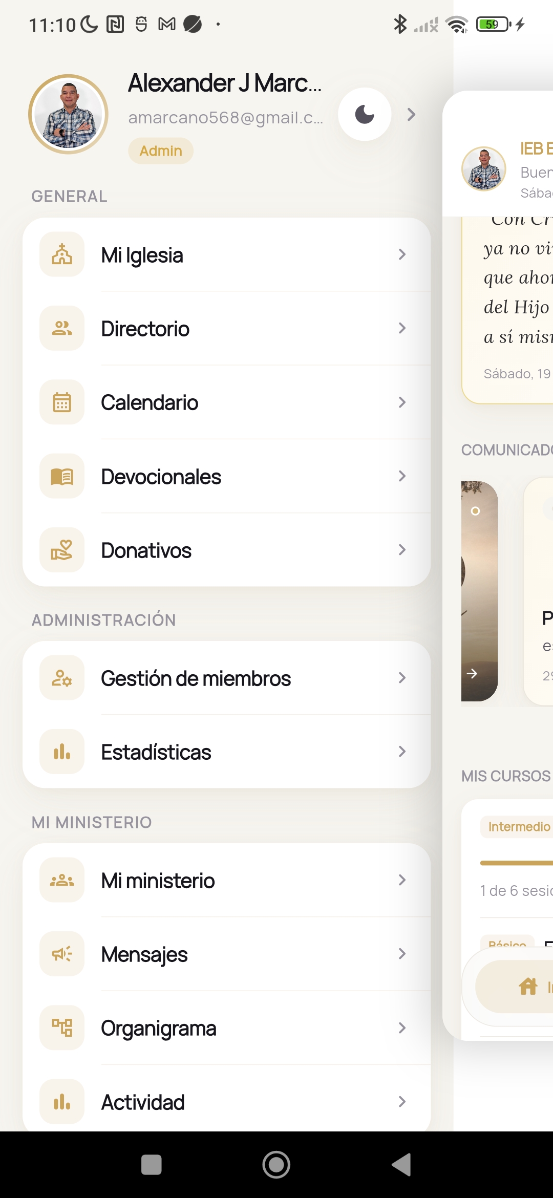 Menú lateral de la app