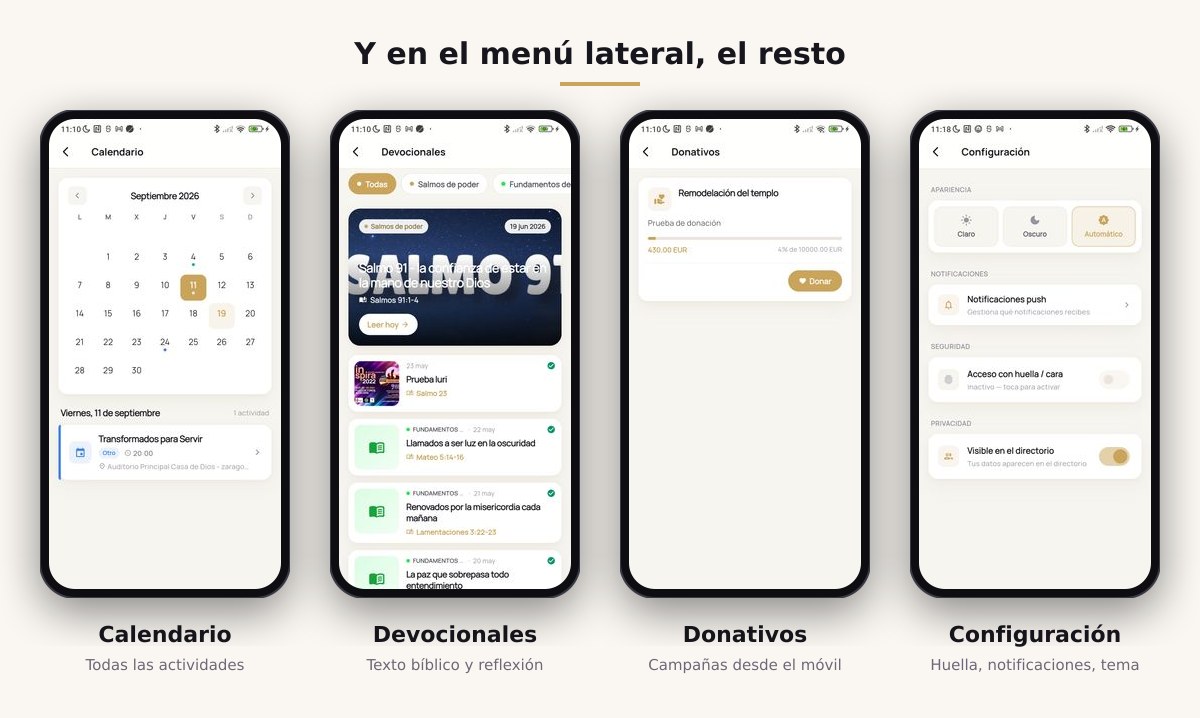 Calendario, devocionales, donativos y configuración de la app móvil