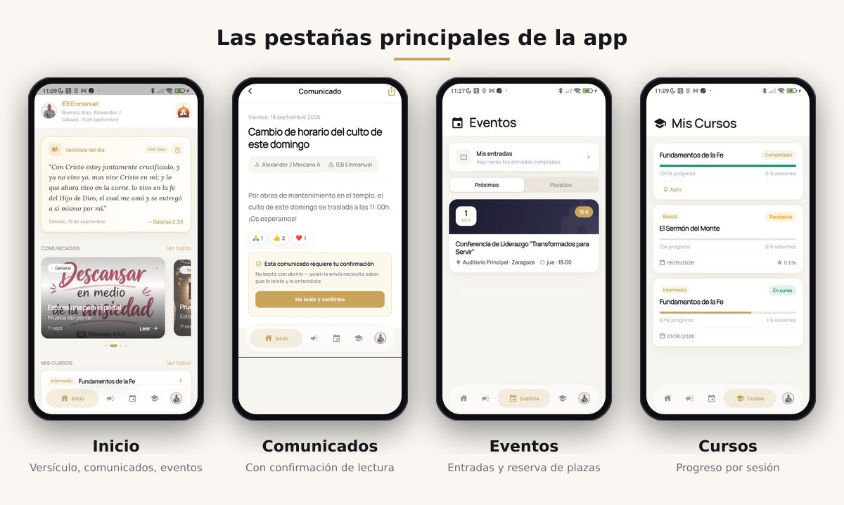 Pantallas de Inicio, Comunicados, Eventos y Cursos de la app móvil