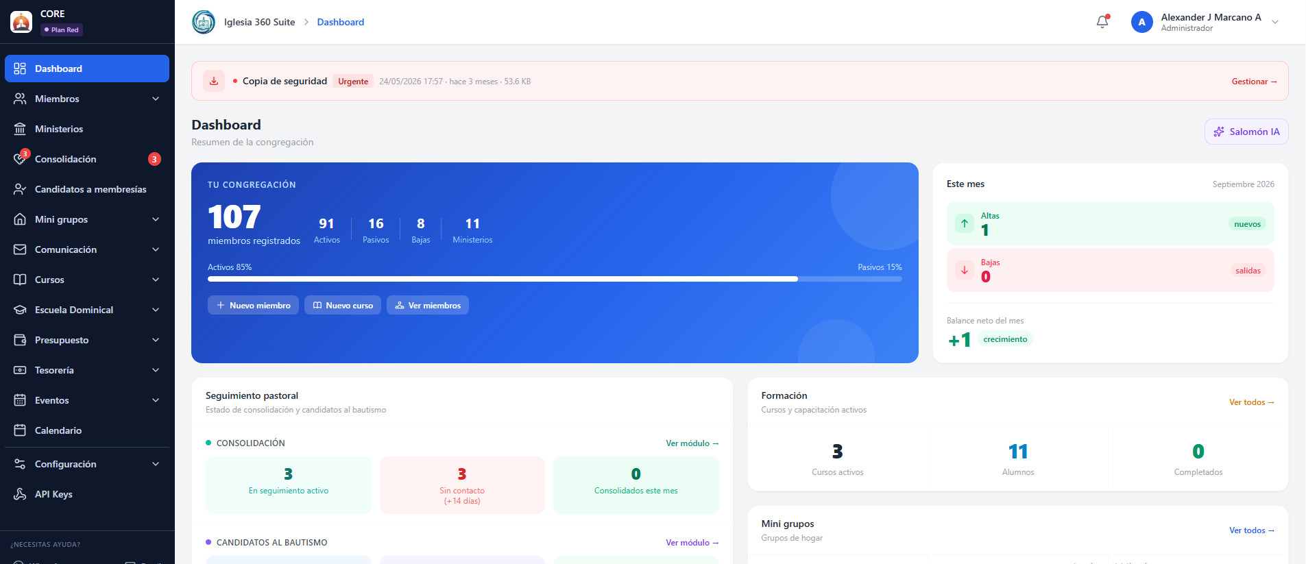 Dashboard de Iglesia 360 Suite
